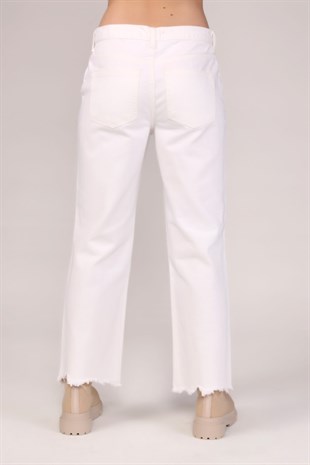 Beyaz Orta Bel Distressed Jean Pantolon 