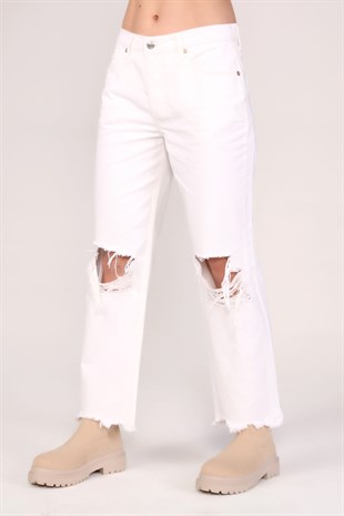 Beyaz Orta Bel Distressed Jean Pantolon 