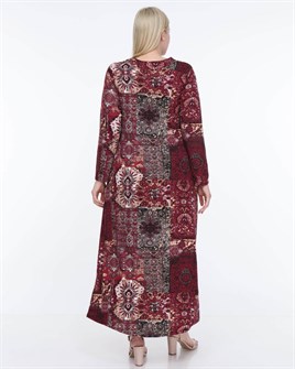 Bordo etnik desen yaka pervazlı viskon büyük beden elbise