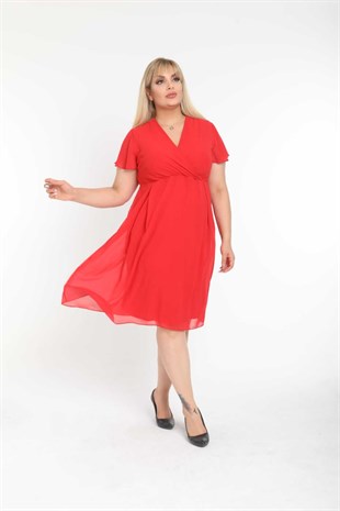 Kırmızı Kruvaze Yaka Büyükbeden Astarlı Şifon Elbise 