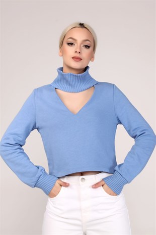 Mavi Boğazlı V Yaka Crop Sweatshirt