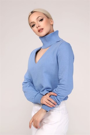 Mavi Boğazlı V Yaka Crop Sweatshirt