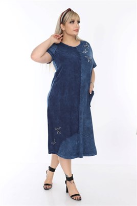 Mavi Yıkamalı Viskon Lıkralı Büyük Beden Elbise 