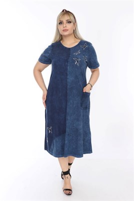 Mavi Yıkamalı Viskon Lıkralı Büyük Beden Elbise 