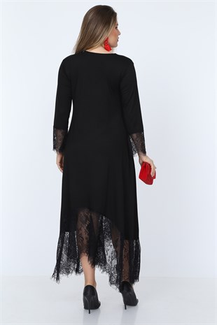Siyah dantel detaylı viskon elbise