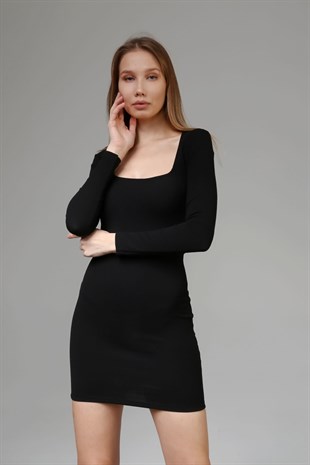 Siyah Dokulu Mini Elbise 