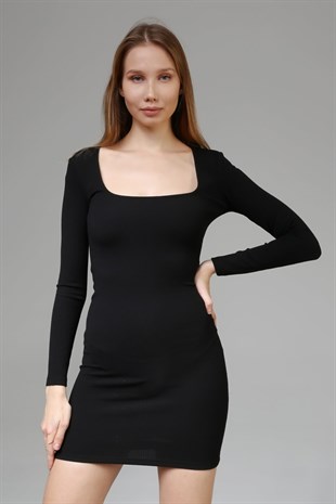 Siyah Dokulu Mini Elbise 