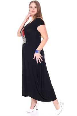 Siyah yaprak işlemeli viskon likralı elbise