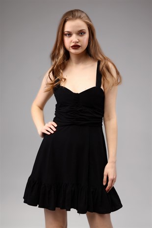 Siyah Yırtmaçlı Drapeli Mini Elbise 