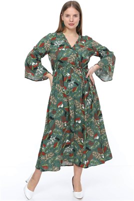 Yeşil desenli v yaka volan kol dokuma elbise