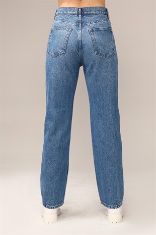 Yüksek Bel Düğmeli Straight Fit Jeans 