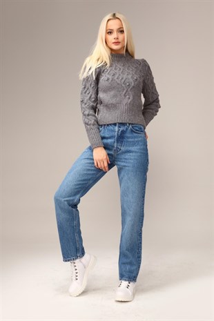 Yüksek Bel Düğmeli Straight Fit Jeans 