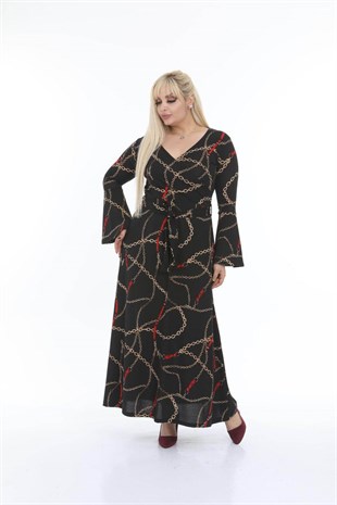 Zincir Desen Kruvaze Yaka Kuşaklı Büyükbeden Elbise
